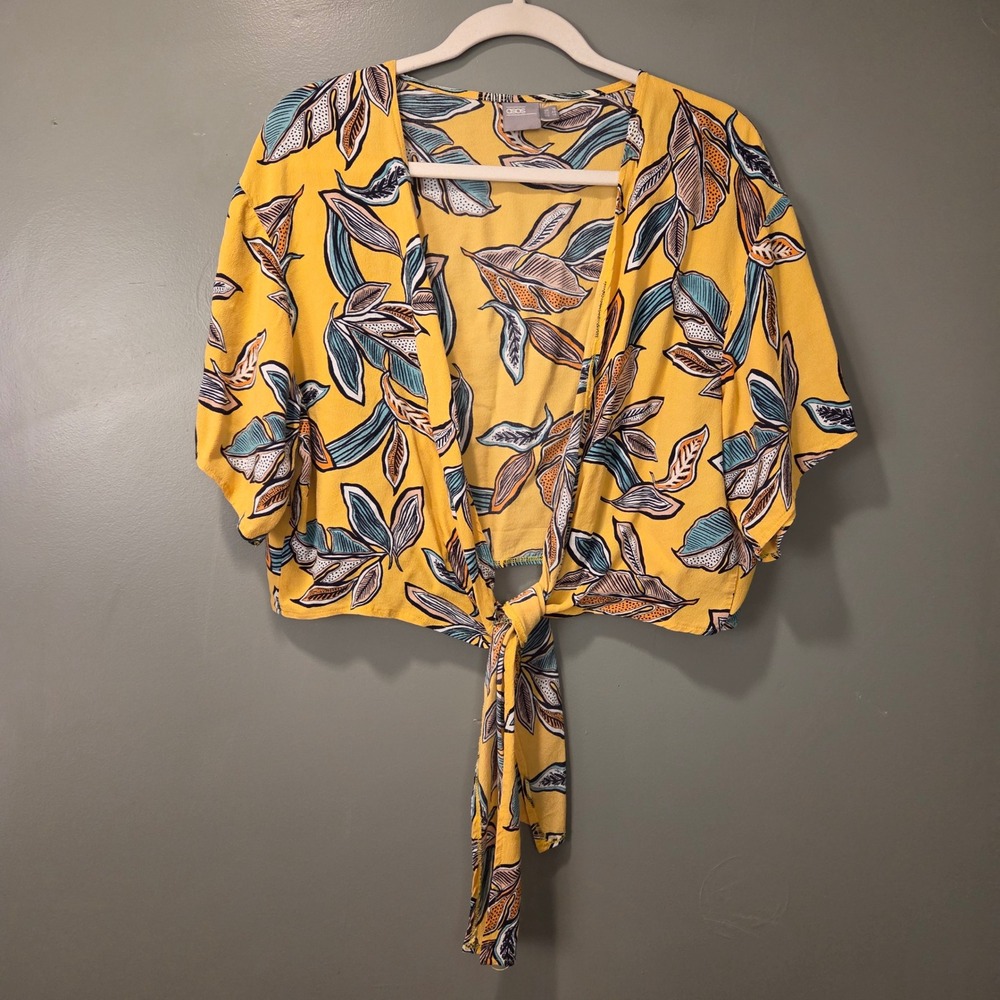 ASOS Women's Cropped Tie Front Top Size 14 Tropical Print Yellow Multi